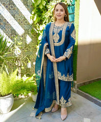 Lovely Red Chinon Silk Work Palazzo Suit