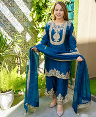Lovely Red Chinon Silk Work Palazzo Suit
