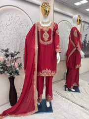 Lovely Red Chinon Silk Work Palazzo Suit