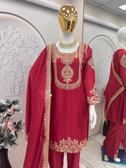 Lovely Red Chinon Silk Work Palazzo Suit