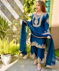 Lovely Red Chinon Silk Work Palazzo Suit