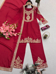 Lovely Red Chinon Silk Work Palazzo Suit
