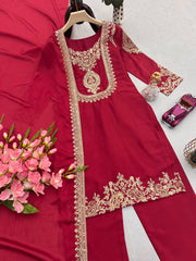 Lovely Red Chinon Silk Work Palazzo Suit