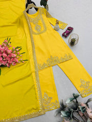 Lovely Red Chinon Silk Work Palazzo Suit