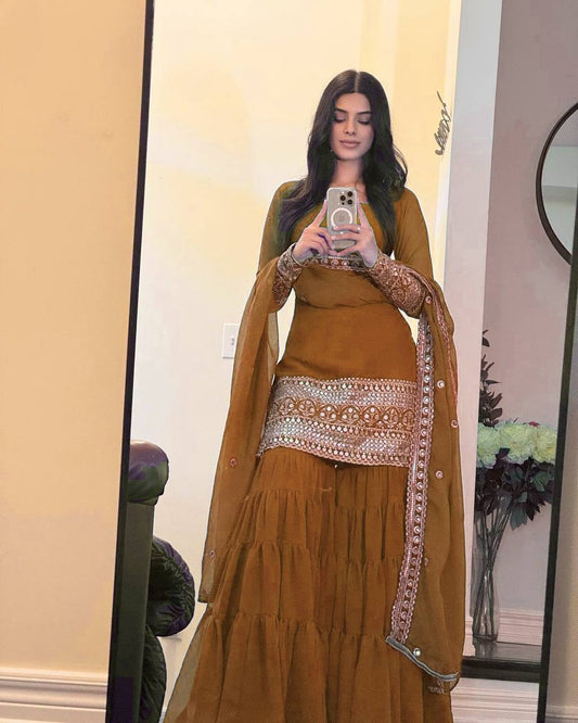 Designer Brown Georgette Thread Work Sharara Suit