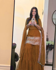 Designer Brown Georgette Thread Work Sharara Suit