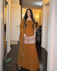 Designer Brown Georgette Thread Work Sharara Suit