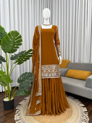 Designer Brown Georgette Thread Work Sharara Suit