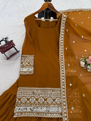 Designer Brown Georgette Thread Work Sharara Suit