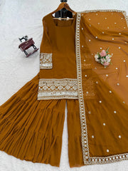 Designer Brown Georgette Thread Work Sharara Suit