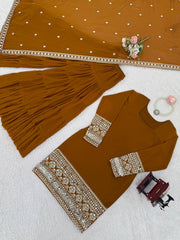 Designer Brown Georgette Thread Work Sharara Suit
