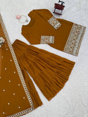 Designer Brown Georgette Thread Work Sharara Suit