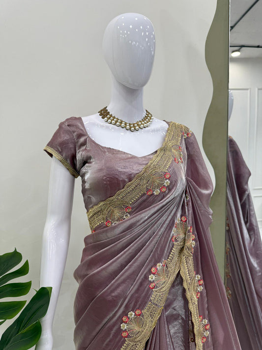 Trendy Lavender Color Silk Embroidery Saree
