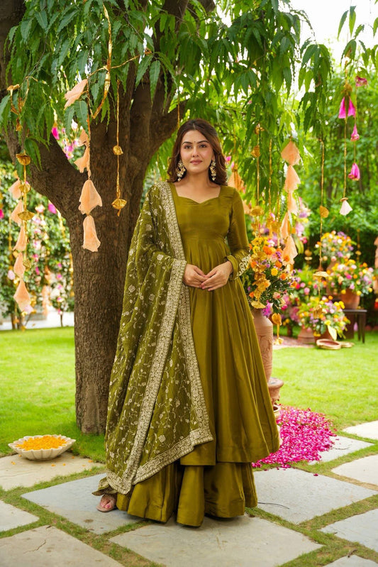 Trendy Mehndi Color Embroidery Work Gown