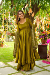 Trendy Mehndi Color Embroidery Work Gown