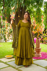 Trendy Mehndi Color Embroidery Work Gown