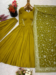 Trendy Mehndi Color Embroidery Work Gown
