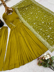 Trendy Mehndi Color Embroidery Work Gown