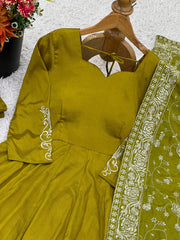 Trendy Mehndi Color Embroidery Work Gown