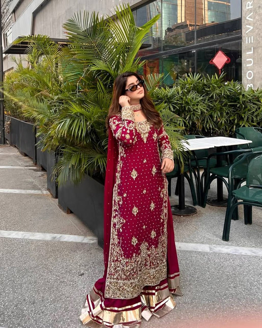 Glorious Red Color Georgette Sequence Work Sharara Suit
