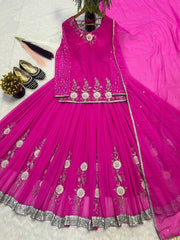 Gorgeous Pink Color Georgette Mirror Work Top With Lehenga