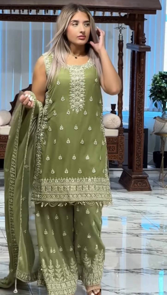 Marvelous Olive Green Georgette Sequence Work Palazzo Suit