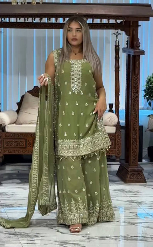Marvelous Olive Green Georgette Sequence Work Palazzo Suit