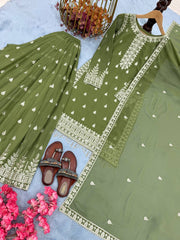 Marvelous Olive Green Georgette Sequence Work Palazzo Suit