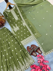 Marvelous Olive Green Georgette Sequence Work Palazzo Suit