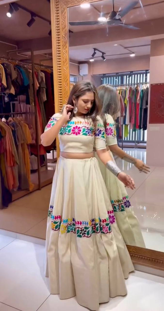 Lovely White Color Gamthi Work Lehenga Choli For Navratri