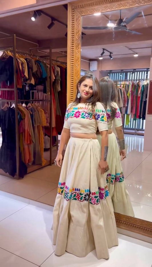 Lovely White Color Gamthi Work Lehenga Choli For Navratri