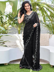 Marvelous Black Georgette Embroidery Work Saree