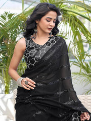 Marvelous Black Georgette Embroidery Work Saree