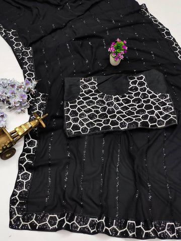 Marvelous Black Georgette Embroidery Work Saree