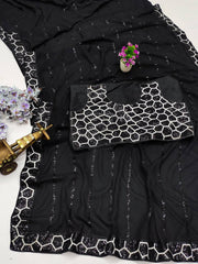 Marvelous Black Georgette Embroidery Work Saree