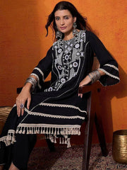 Pretty Black Rayon Cotton Mirror Work Palazzo Suit
