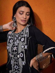 Pretty Black Rayon Cotton Mirror Work Palazzo Suit
