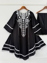 Pretty Black Rayon Cotton Mirror Work Palazzo Suit