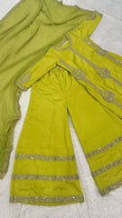 Attractive Green Chinon Silk Zari Work Palazzo Suit