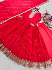 Ravishing Red Color Embroidery With Sequence Work Gown