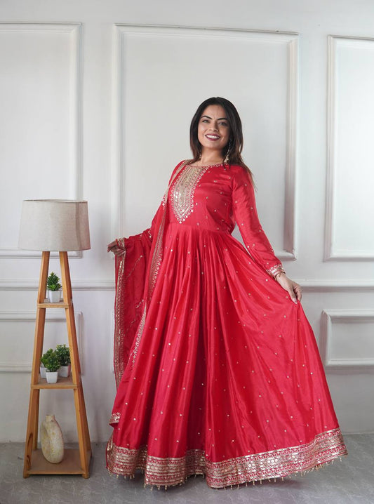 Ravishing Red Color Embroidery With Sequence Work Gown