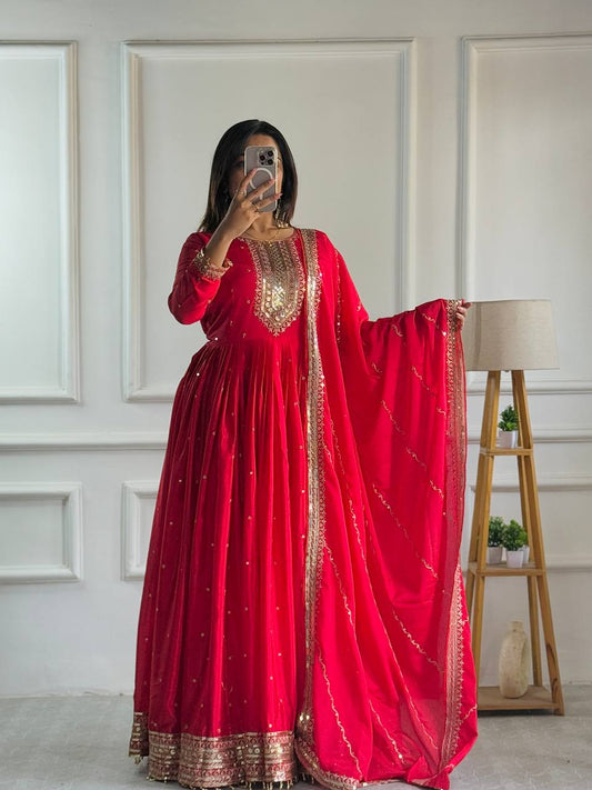 Ravishing Red Color Embroidery With Sequence Work Gown