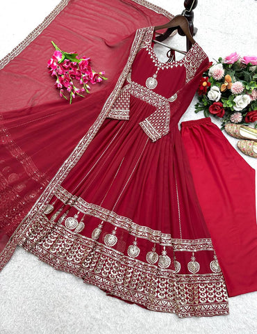 Trendy Red Color Georgette Embroidery Gown