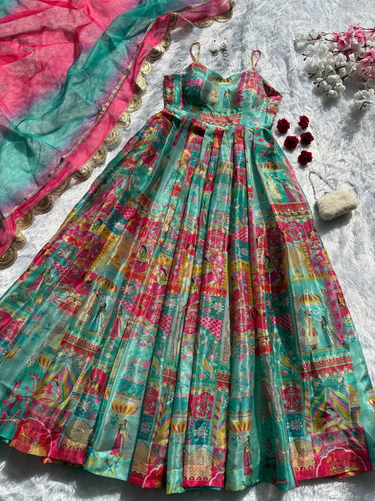 Stylish Green Color Organza Digital Printed Anarkali Gown