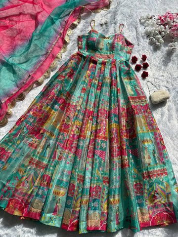 Stylish Green Color Organza Digital Printed Anarkali Gown