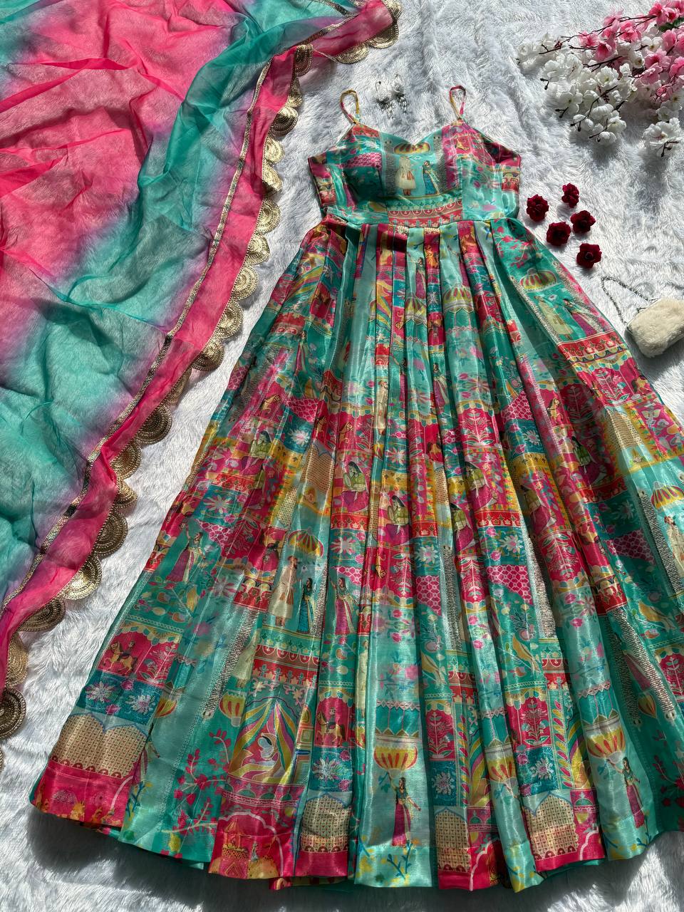 Stylish Green Color Organza Digital Printed Anarkali Gown