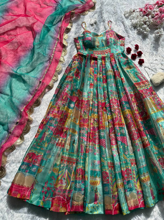 Stylish Green Color Organza Digital Printed Anarkali Gown