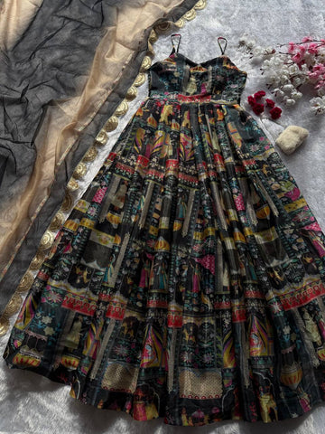 Stylish Green Color Organza Digital Printed Anarkali Gown