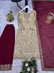 Ravishing Beige Color Embroidery Work Straight Salwar Suit