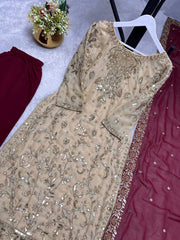 Ravishing Beige Color Embroidery Work Straight Salwar Suit